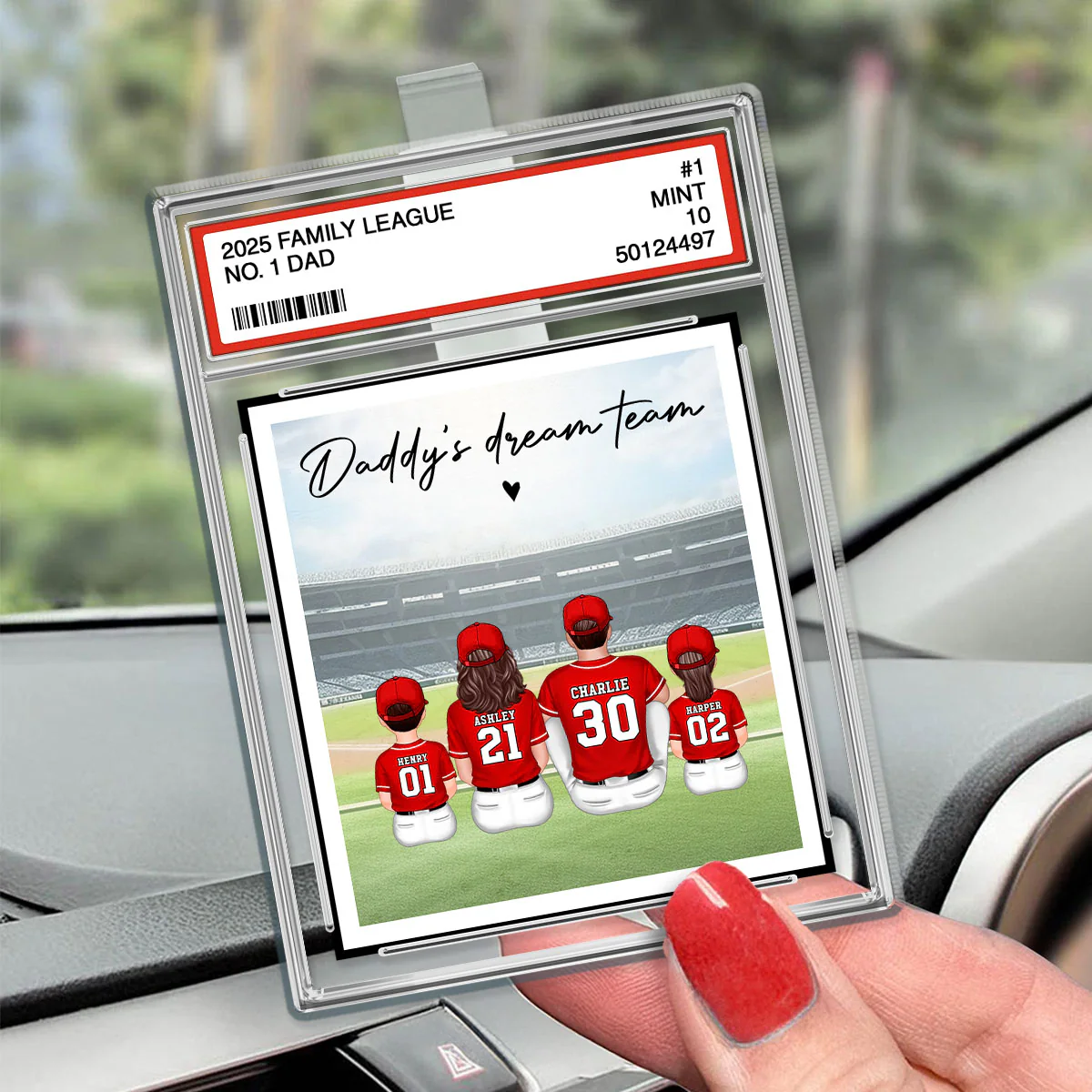 Baseball No. 1 Dad Man & Kids Sitting Trading Card Style Personalized Acrylic Car Visor Clip - Image 2