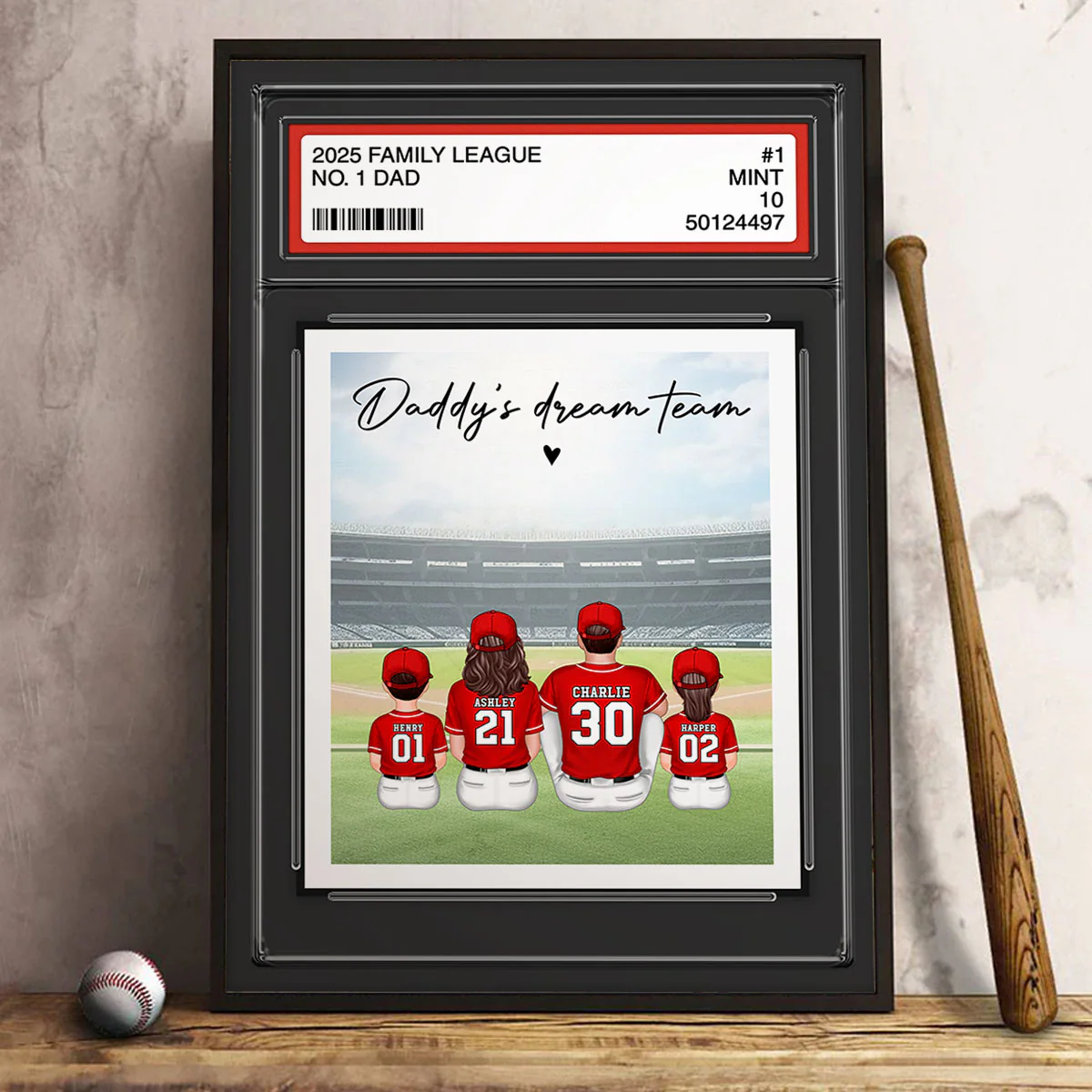 Baseball No. 1 Dad Man & Kids Sitting Trading Card Style Personalized Poster
