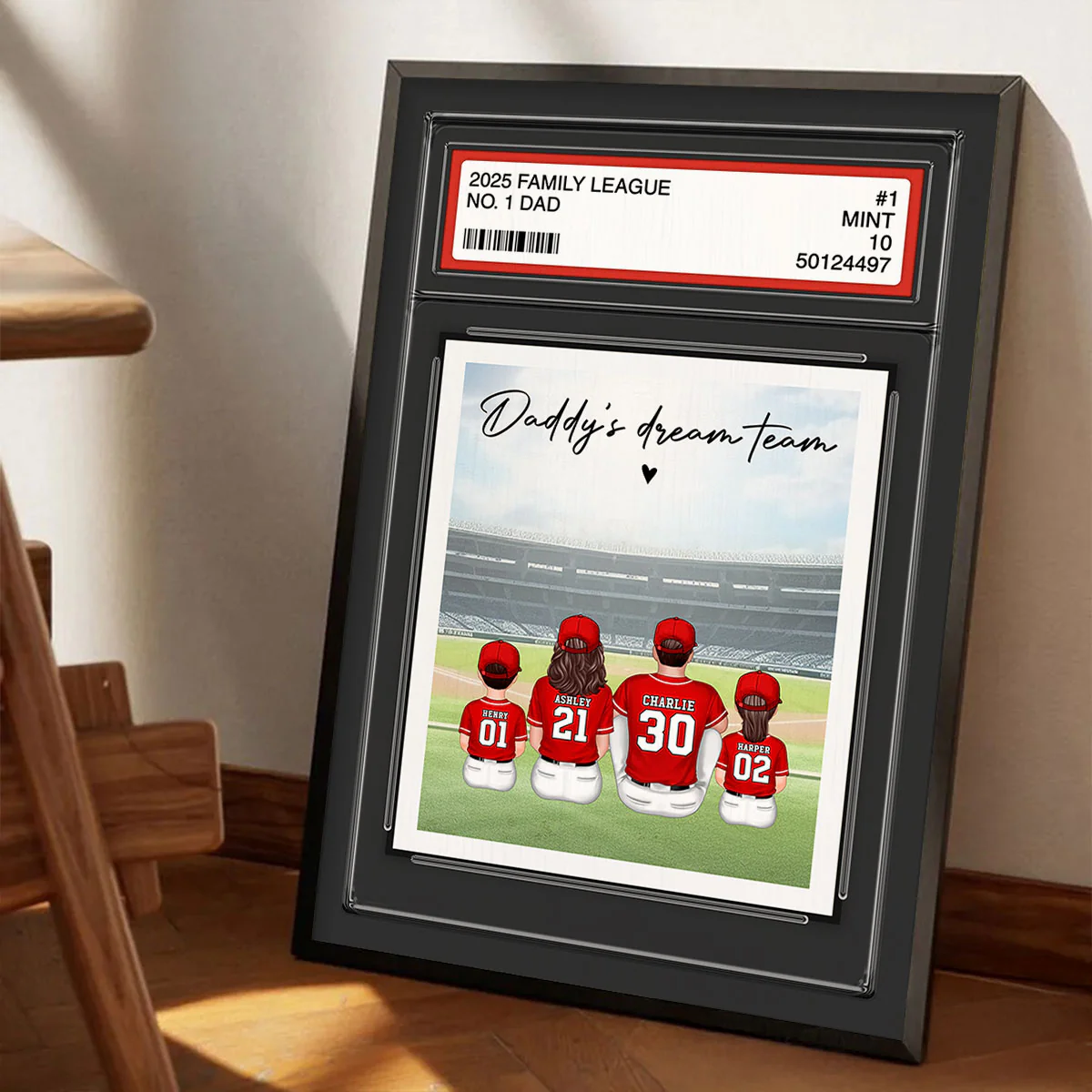 Baseball No. 1 Dad Man & Kids Sitting Trading Card Style Personalized Poster - Image 2