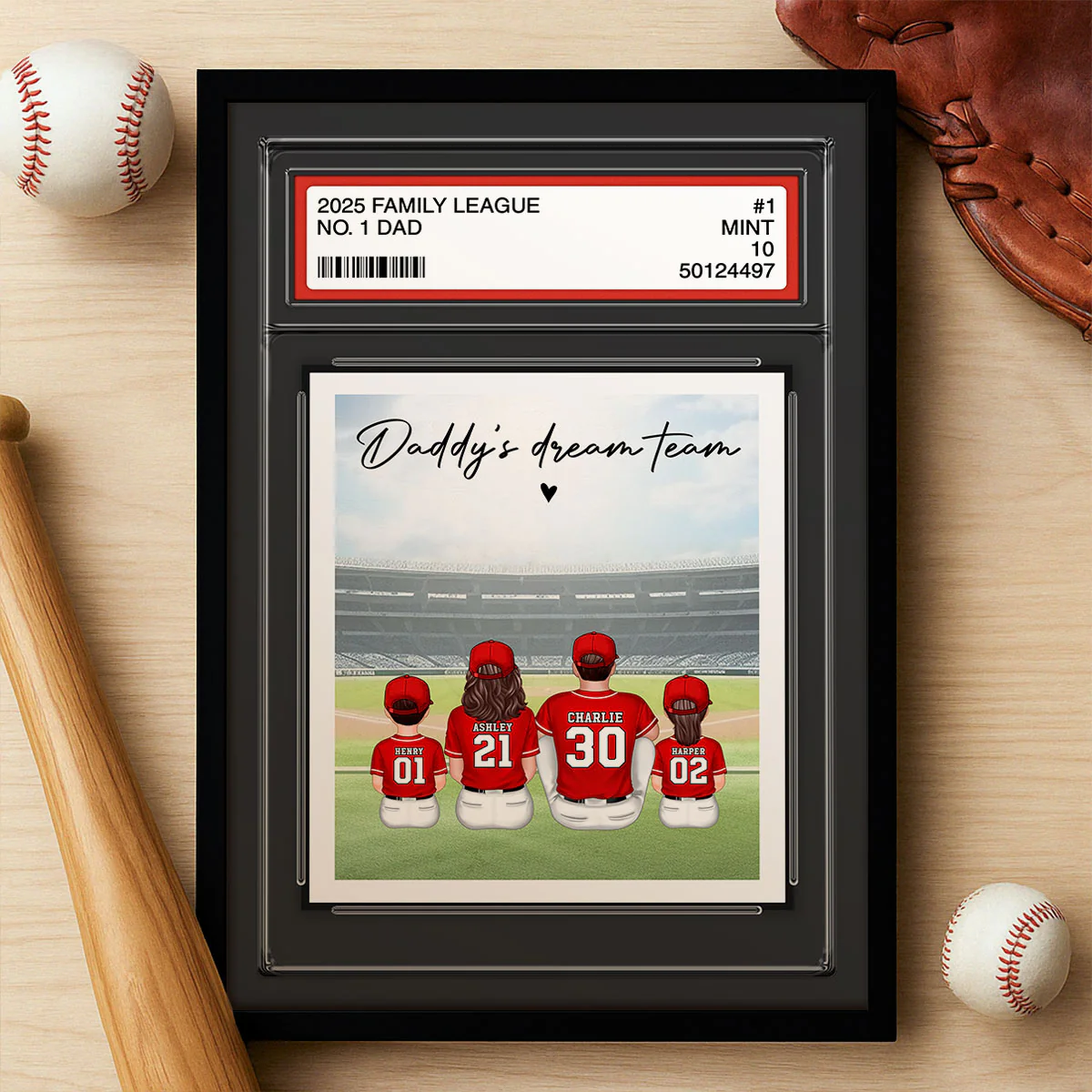 Baseball No. 1 Dad Man & Kids Sitting Trading Card Style Personalized Poster - Image 3
