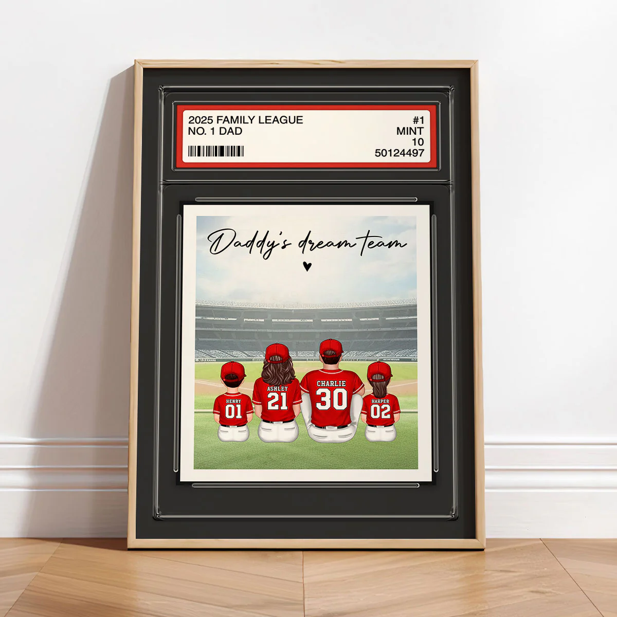 Baseball No. 1 Dad Man & Kids Sitting Trading Card Style Personalized Poster - Image 4