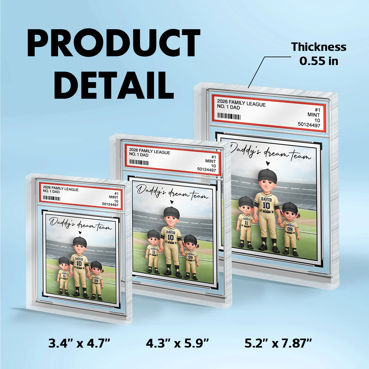 Baseball No. 1 Dad Man & Kids Standing On Court Trading Card Style - Personalized Acrylic Block Plaque - Gift For Baseball Dad - Image 5
