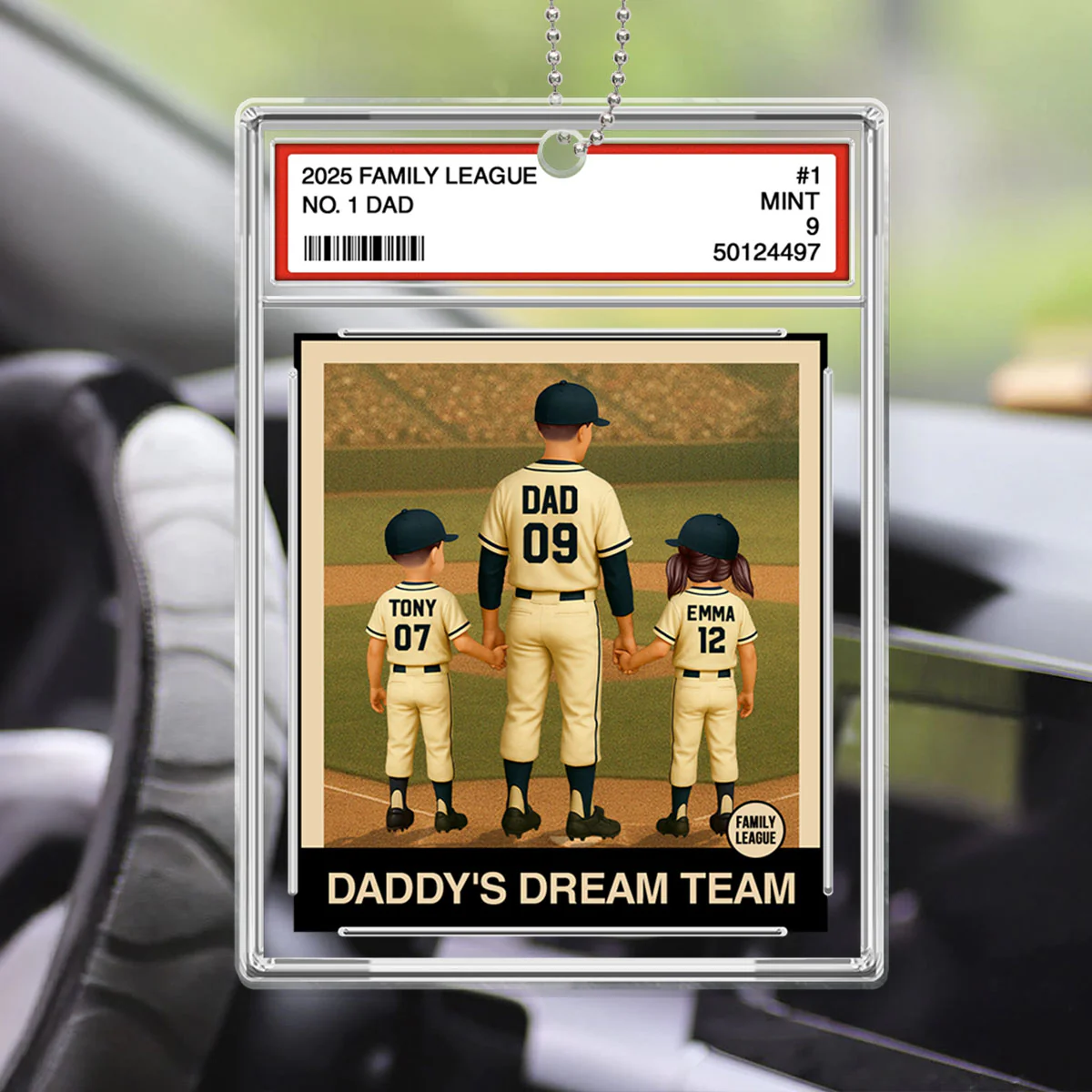 Baseball No. 1 Dad Man & Kids Trading Card Style Personalized Acrylic Car Ornament - Image 2