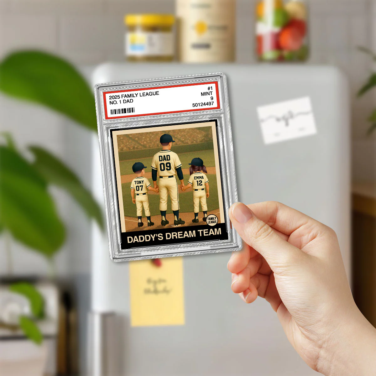 Baseball No. 1 Dad Man & Kids Trading Card Style Personalized Acrylic Fridge Magnet - Image 3