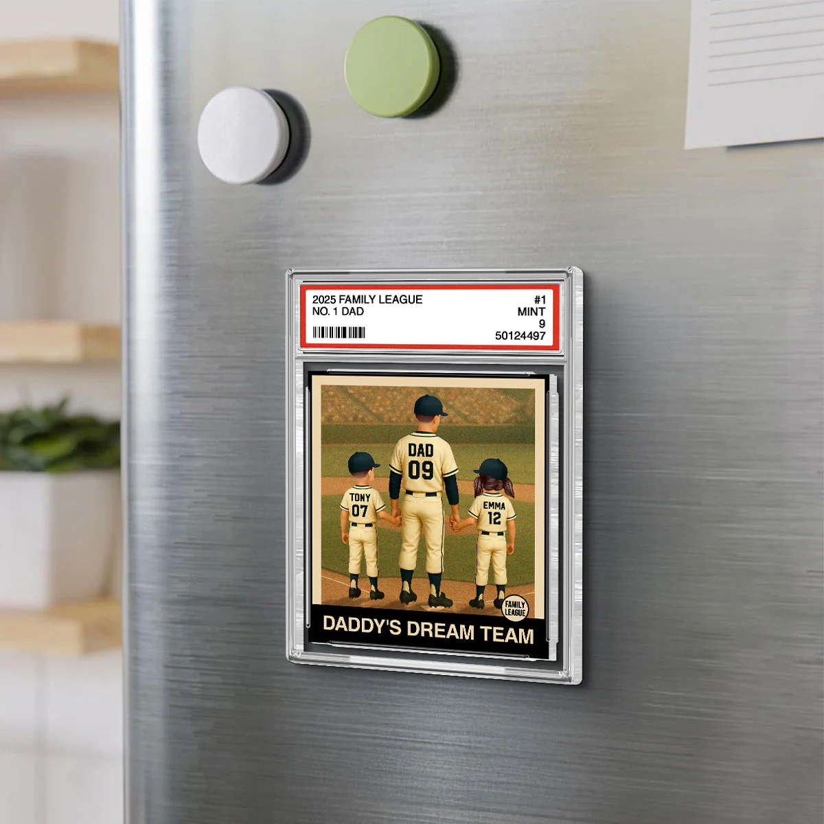 Baseball No. 1 Dad Man & Kids Trading Card Style Personalized Acrylic Fridge Magnet - Image 5