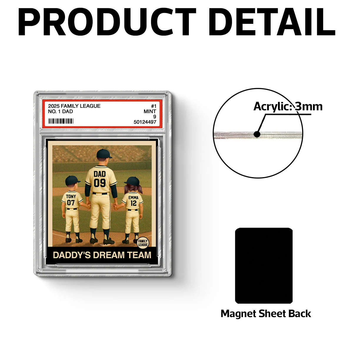 Baseball No. 1 Dad Man & Kids Trading Card Style Personalized Acrylic Fridge Magnet - Image 7