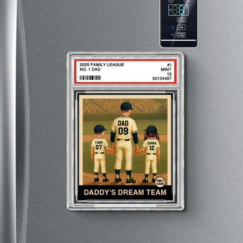 Baseball No. 1 Dad Man & Kids Trading Card Style Personalized Acrylic Fridge Magnet - Image 8