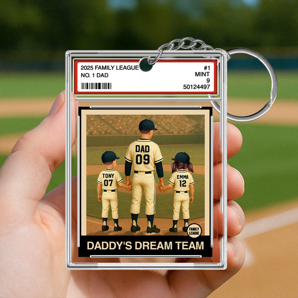 Baseball No. 1 Dad Man & Kids Trading Card Style Personalized Acrylic Keychain - Image 2