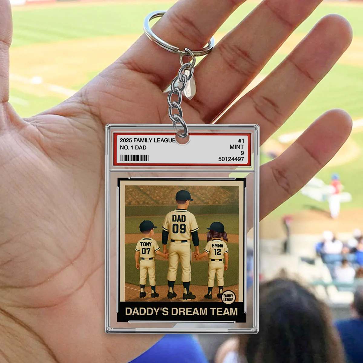 Baseball No. 1 Dad Man & Kids Trading Card Style Personalized Acrylic Keychain - Image 3
