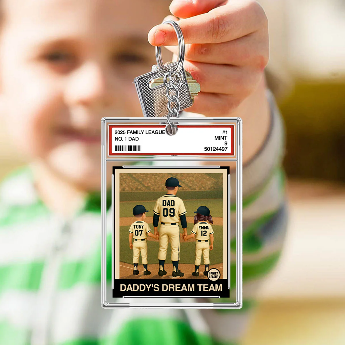 Baseball No. 1 Dad Man & Kids Trading Card Style Personalized Acrylic Keychain - Image 4