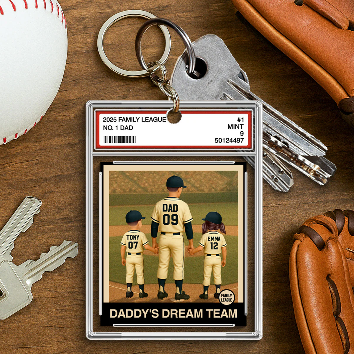 Baseball No. 1 Dad Man & Kids Trading Card Style Personalized Acrylic Keychain - Image 5