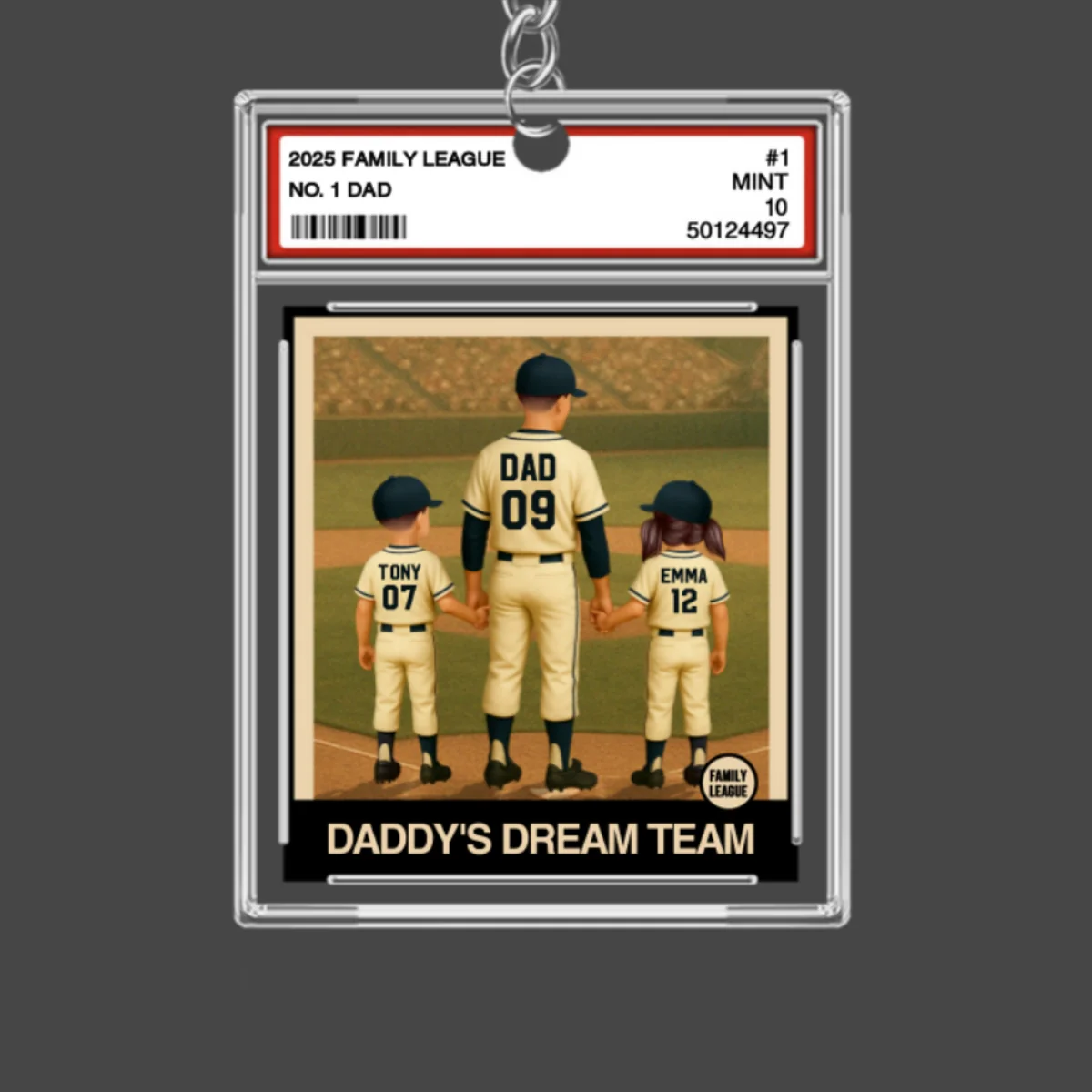 Baseball No. 1 Dad Man & Kids Trading Card Style Personalized Acrylic Keychain - Image 7