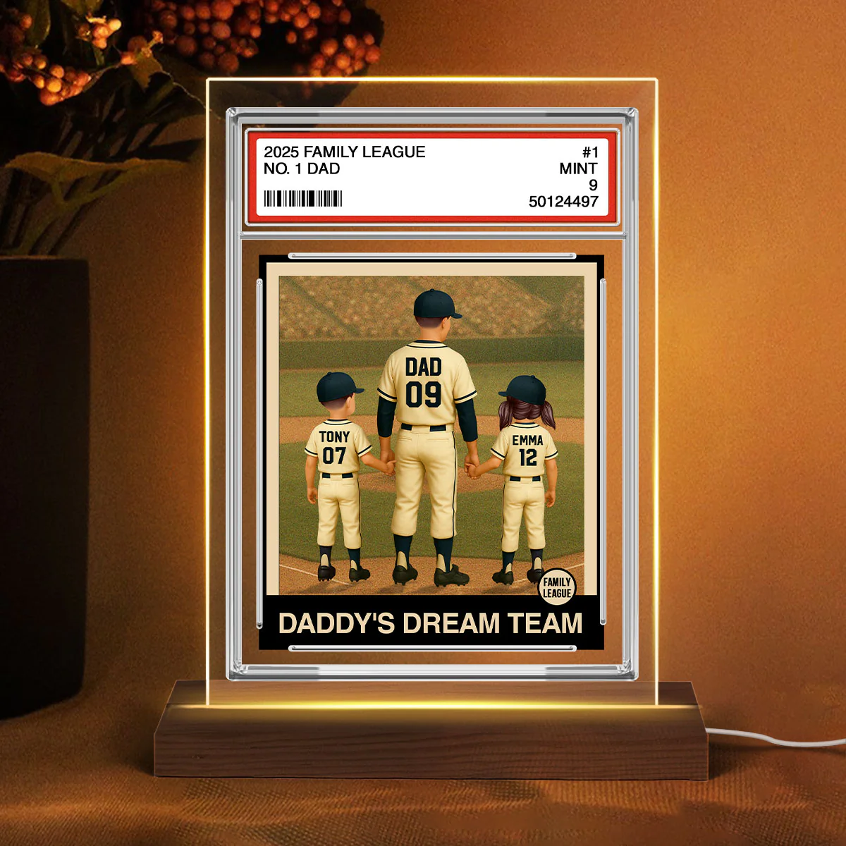 Baseball No. 1 Dad Man & Kids Trading Card Style Personalized Acrylic Plaque With LED Night Light