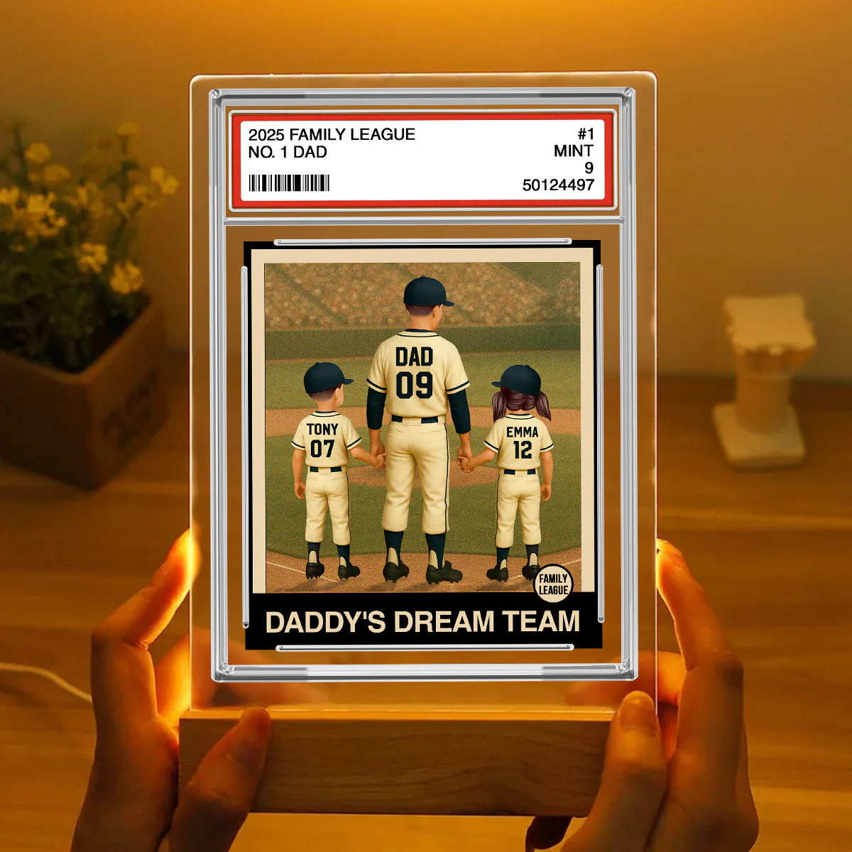 Baseball No. 1 Dad Man & Kids Trading Card Style Personalized Acrylic Plaque With LED Night Light - Image 3