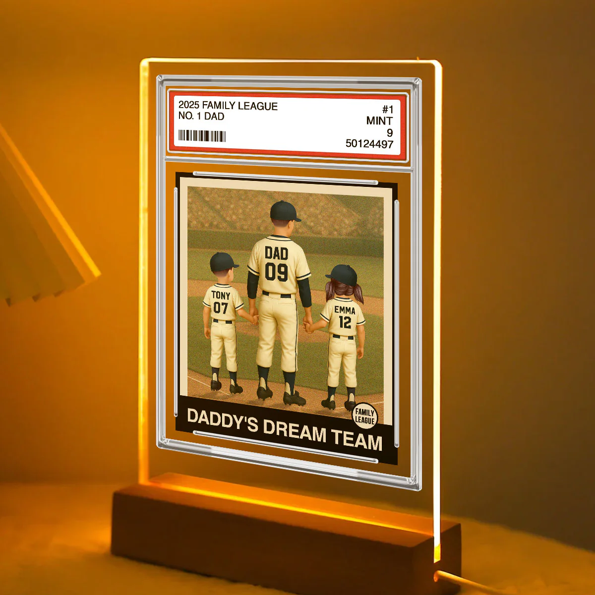 Baseball No. 1 Dad Man & Kids Trading Card Style Personalized Acrylic Plaque With LED Night Light - Image 4