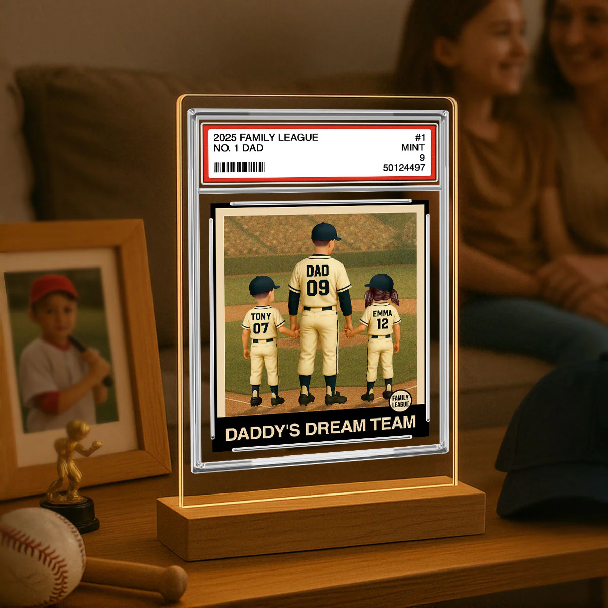 Baseball No. 1 Dad Man & Kids Trading Card Style Personalized Acrylic Plaque With LED Night Light - Image 6