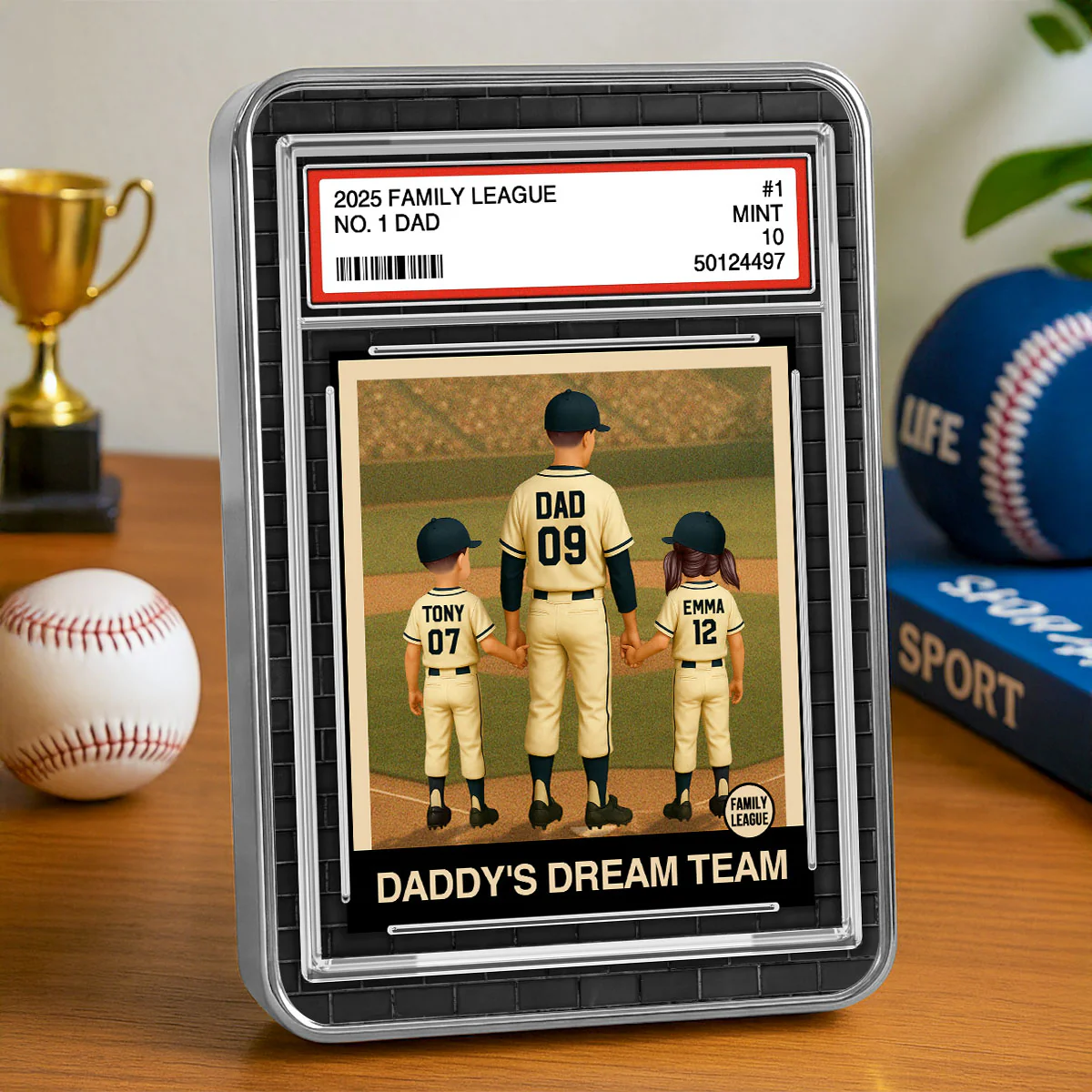 Baseball No. 1 Dad Man & Kids Trading Card Style Personalized Mirrored Picture Frame - Image 2