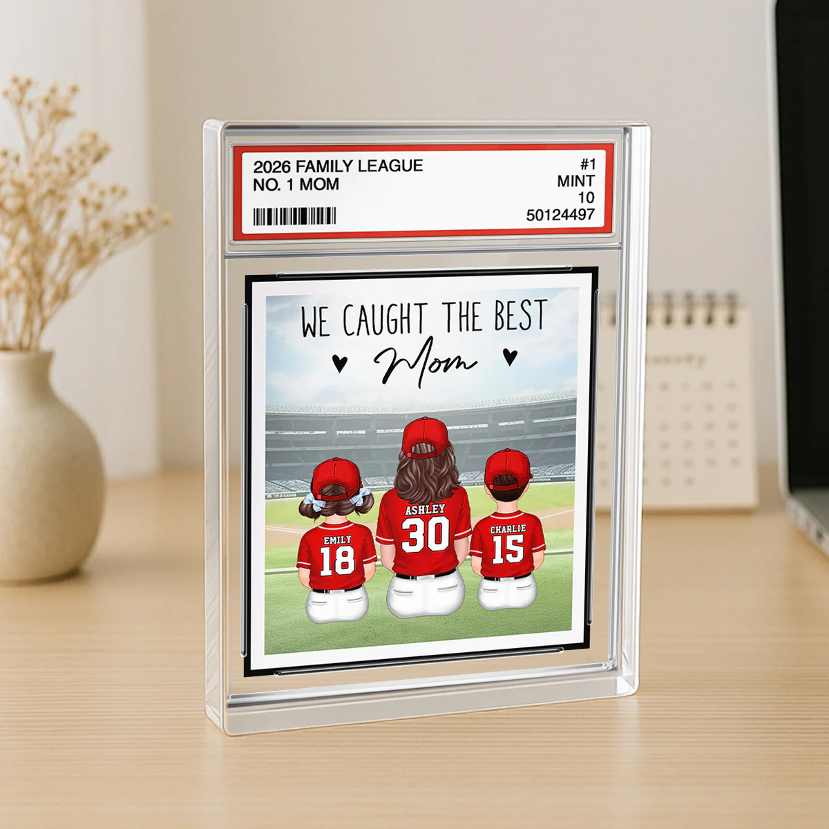 Baseball No. 1 Mom Woman & Kids Sitting Trading Card Style - Personalized Acrylic Block Plaque - Image 2