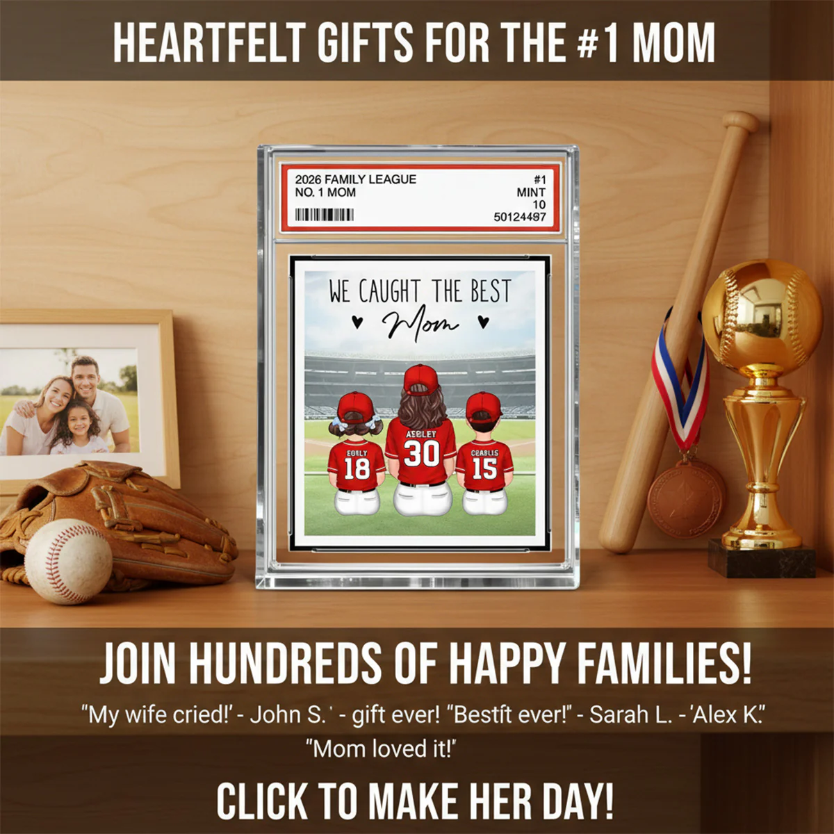 Baseball No. 1 Mom Woman & Kids Sitting Trading Card Style - Personalized Acrylic Block Plaque - Image 5