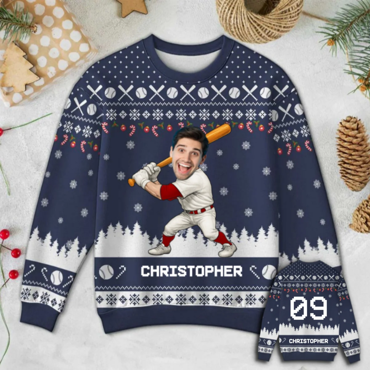 Baseball Player Custom Face Photo - Personalized Faux Knitting Ugly Sweater - Christmas Gift For Baseball Lover - Image 10