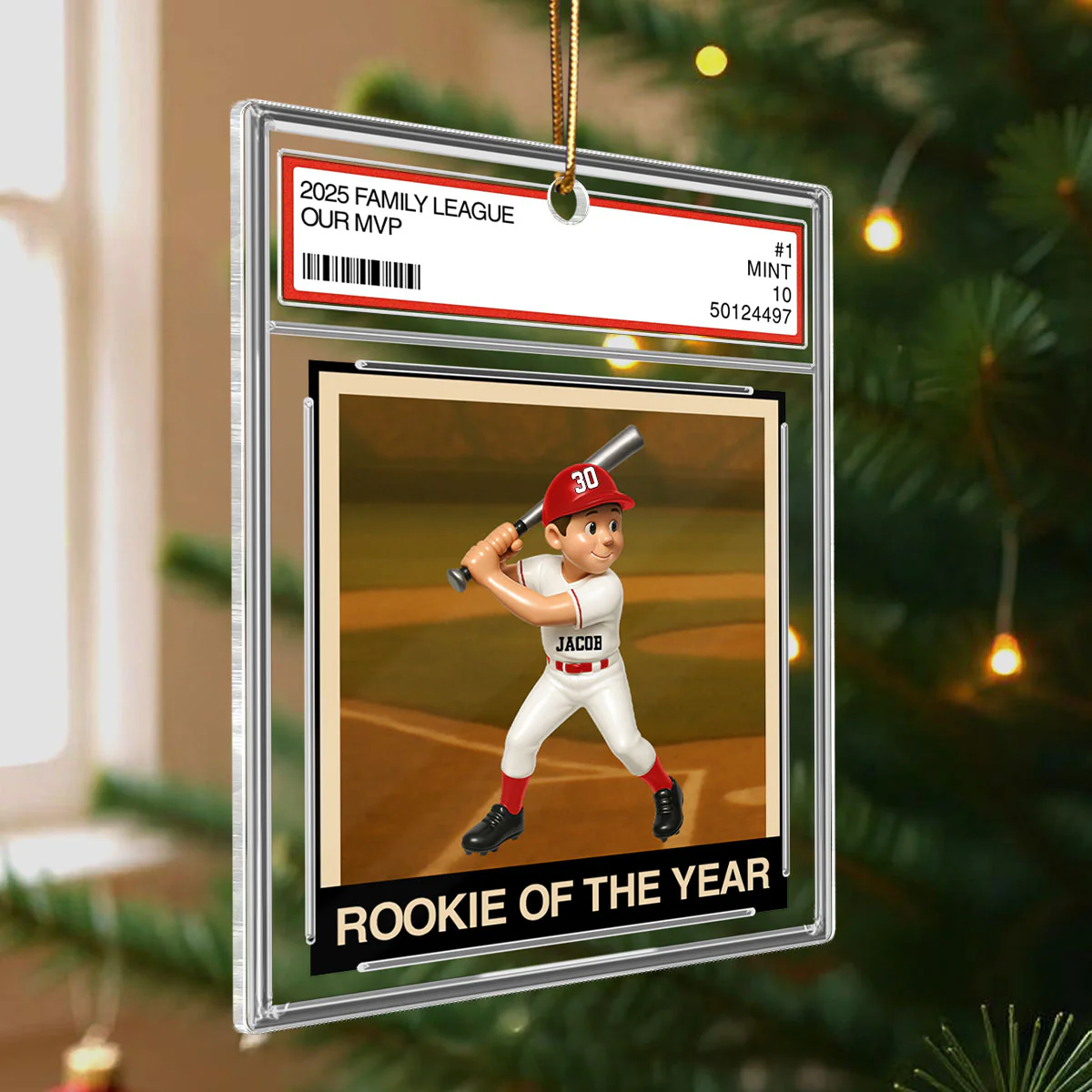 Baseball Player Family League Trading Card Style - Personalized Acrylic Ornament - Christmas Gift For Son, Grandson - Image 6