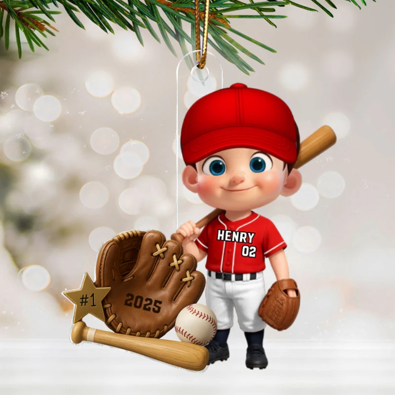 Baseball Player With Baseball Mitt Bat Ball - Personalized Acrylic Ornament - Gift For Kids, Grandkids - Image 13