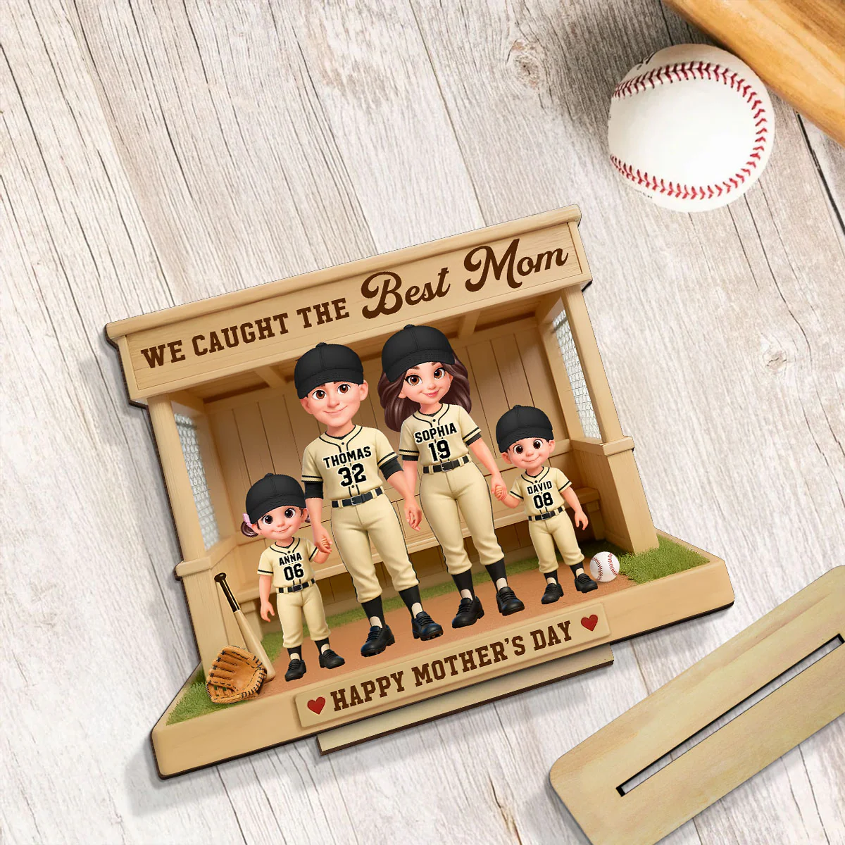 Baseball Softball Dugout We Caught The Best Mom - Personalized 2-Layered Wooden Plaque - Mother's Day Gift For Baseball Mom, Wife - Image 5