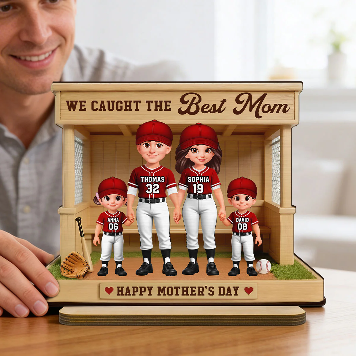 Baseball Softball Dugout We Caught The Best Mom - Personalized 2-Layered Wooden Plaque - Mother's Day Gift For Baseball Mom, Wife - Image 9