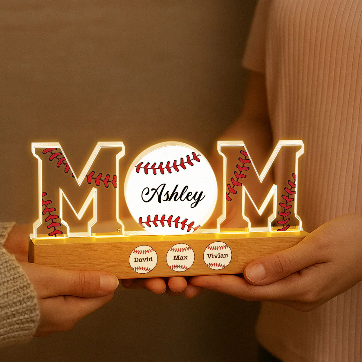 Baseball Softball Mom Kids Names Personalized Acrylic Block LED Night Light - Image 4