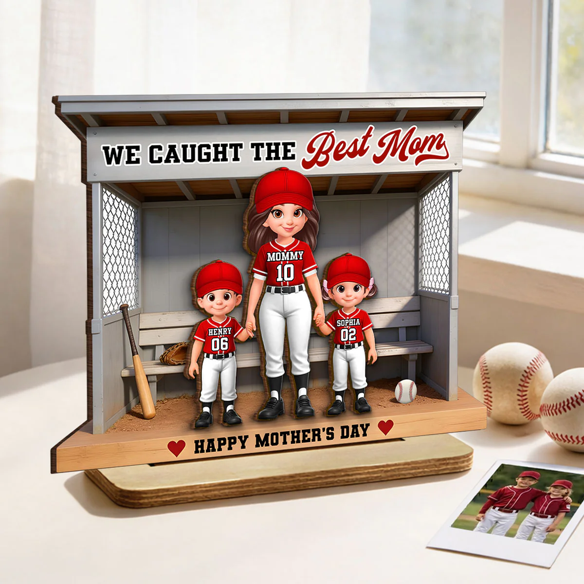 Baseball Softball We Caught The Best Mom - Personalized 2-Layered Wooden Plaque - Mother's Day Gift For Baseball Mom - Image 2