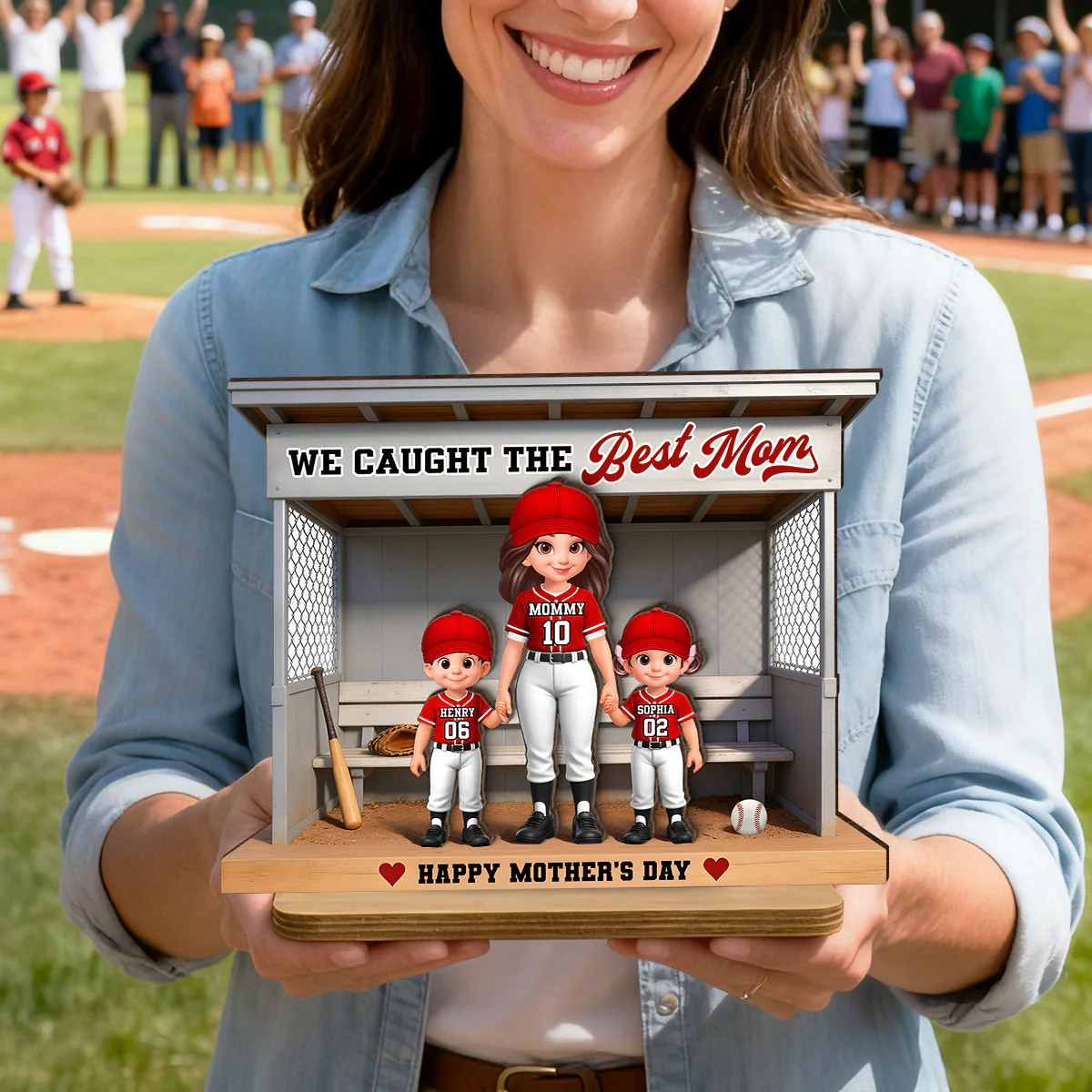 Baseball Softball We Caught The Best Mom - Personalized 2-Layered Wooden Plaque - Mother's Day Gift For Baseball Mom - Image 4