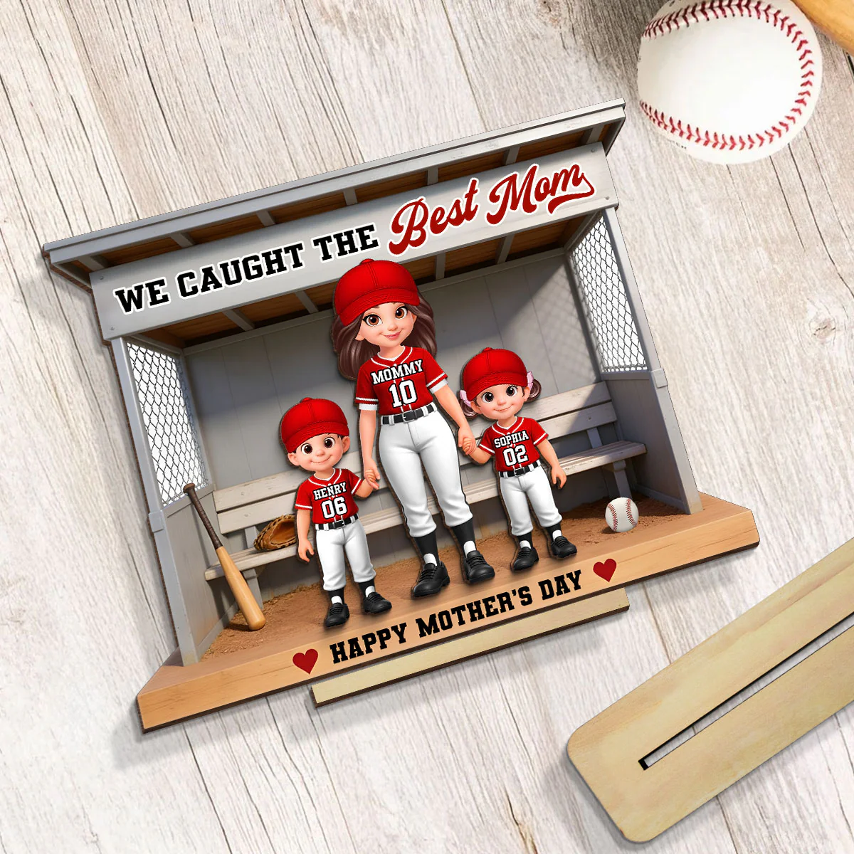 Baseball Softball We Caught The Best Mom - Personalized 2-Layered Wooden Plaque - Mother's Day Gift For Baseball Mom - Image 6