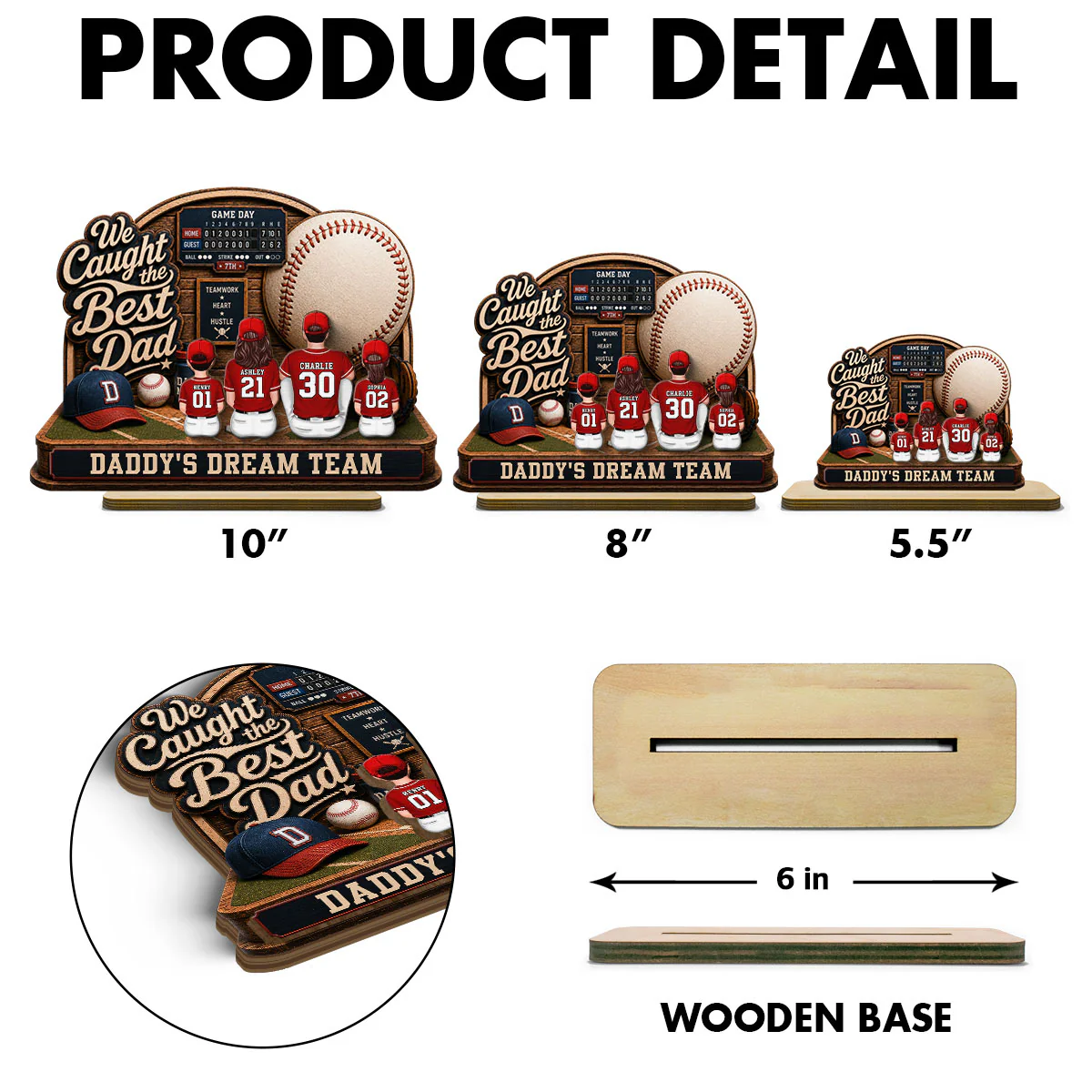 Baseball Things Dad & Kids Back View Sitting 2D Flat - Personalized 2-Layered Wooden Plaque - Happy For Baseball Dad - Image 6