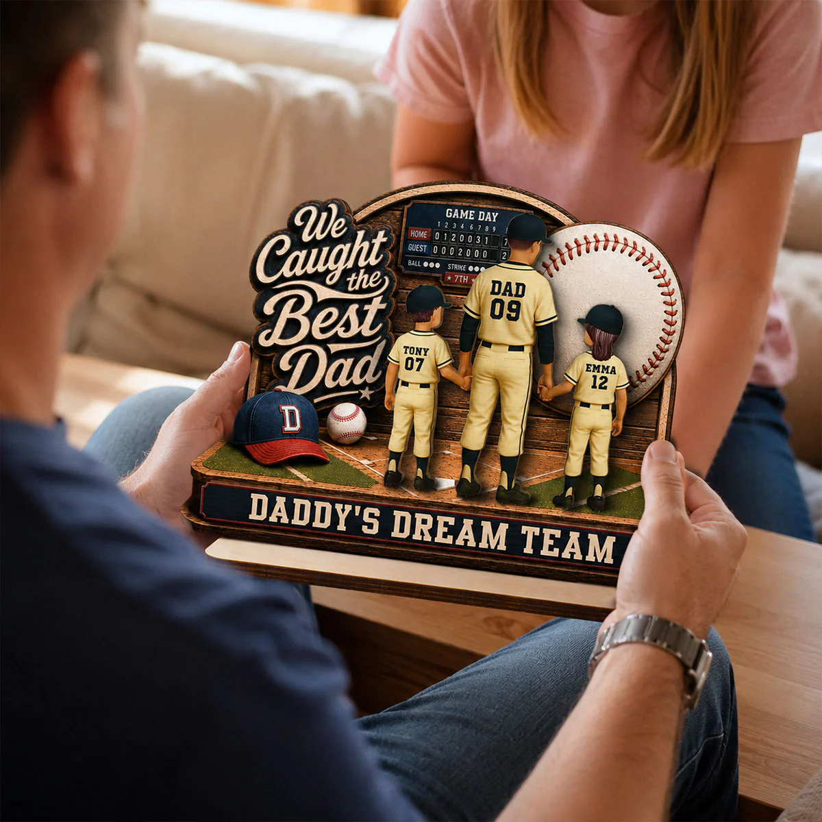 Baseball Things Dad & Kids Back View Standing 2D Flat - Personalized 2-Layered Wooden Plaque - Happy  For Baseball Dad - Image 3