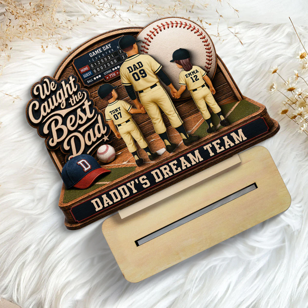 Baseball Things Dad & Kids Back View Standing 2D Flat - Personalized 2-Layered Wooden Plaque - Happy  For Baseball Dad - Image 5