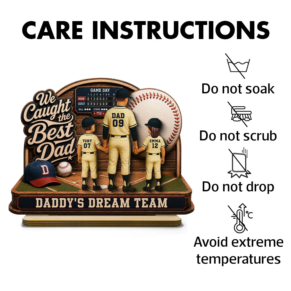 Baseball Things Dad & Kids Back View Standing 2D Flat - Personalized 2-Layered Wooden Plaque - Happy  For Baseball Dad - Image 7
