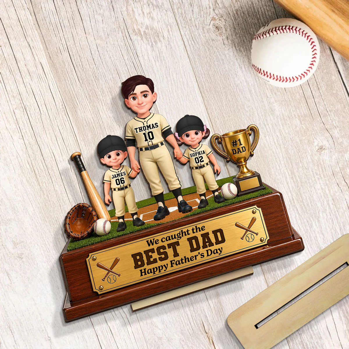 Baseball We Caught The Best Dad - Personalized 2-Layered Wooden Plaque -  Gift For Dad - Image 5