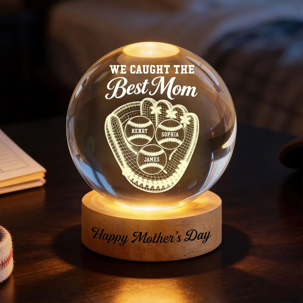 Baseball We Caught The Best Mom Illusion - Personalized Crystal Ball LED Night Light - Mother's Day Gift For Mom, Wife - Image 2