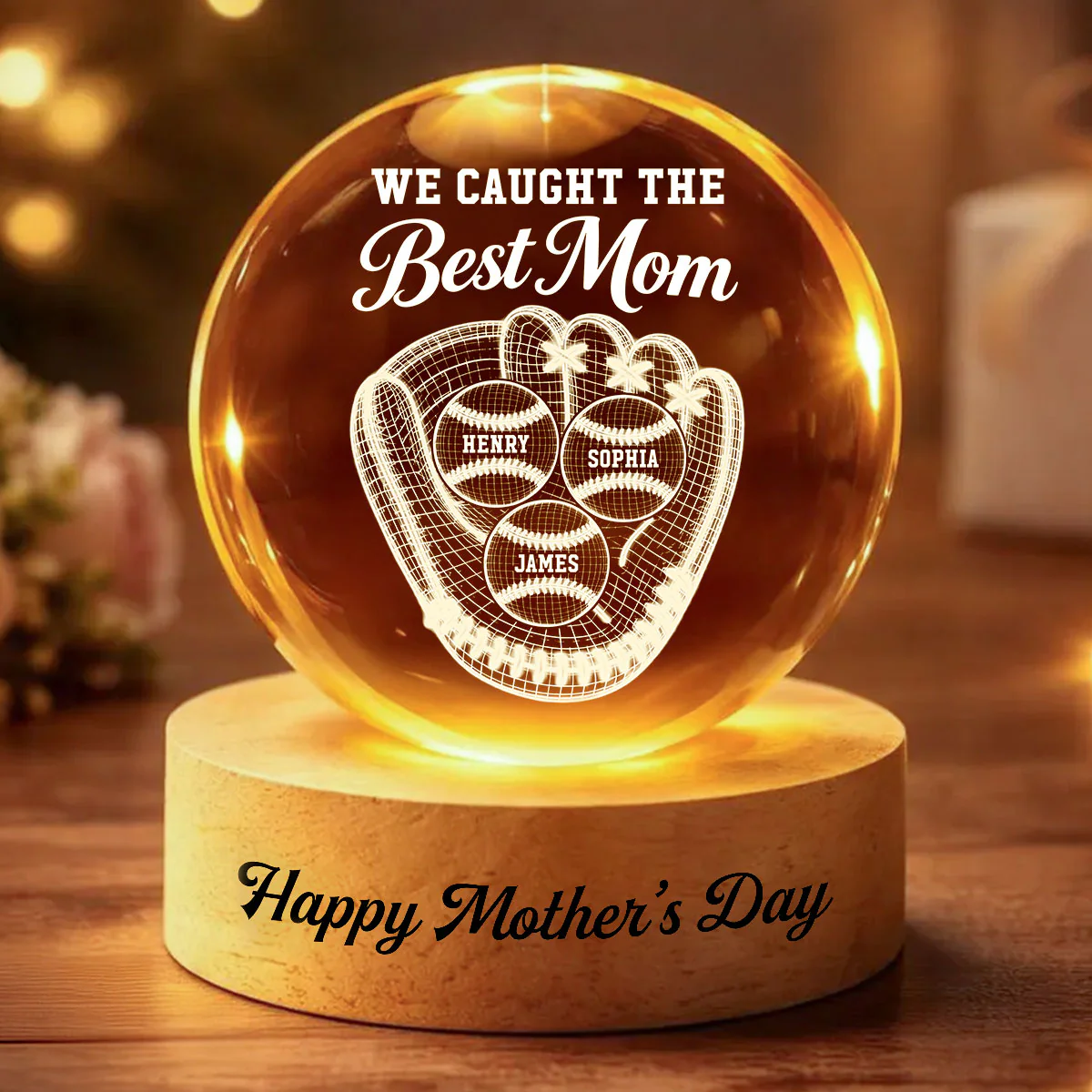 Baseball We Caught The Best Mom Illusion - Personalized Crystal Ball LED Night Light - Mother's Day Gift For Mom, Wife - Image 3