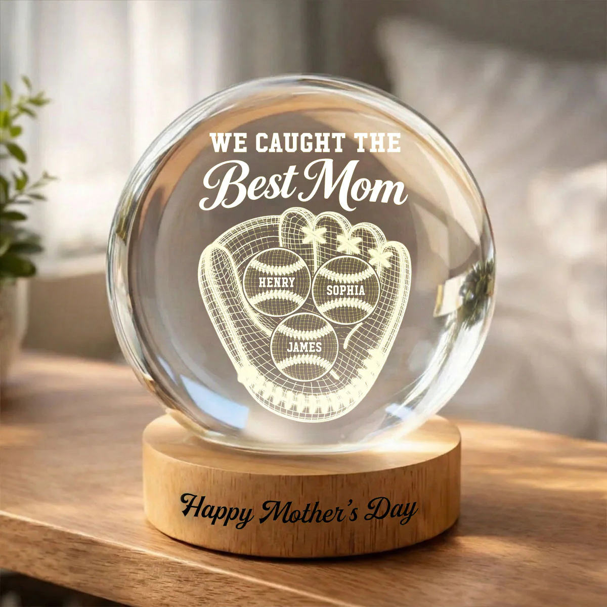 Baseball We Caught The Best Mom Illusion - Personalized Crystal Ball LED Night Light - Mother's Day Gift For Mom, Wife - Image 4