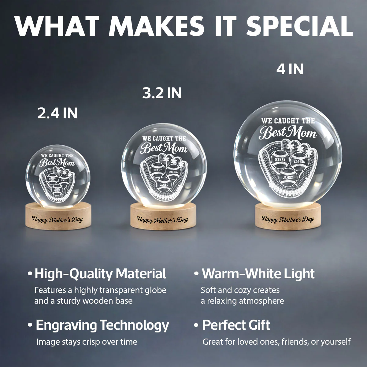 Baseball We Caught The Best Mom Illusion - Personalized Crystal Ball LED Night Light - Mother's Day Gift For Mom, Wife - Image 7