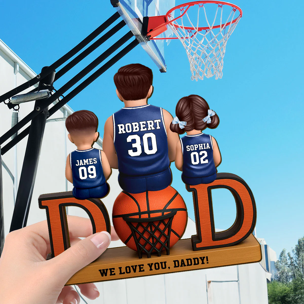 Basketball Dad And Kids Sitting Personalized 2-Layer Standing Wooden Plaque, Gift for Dads - Image 3