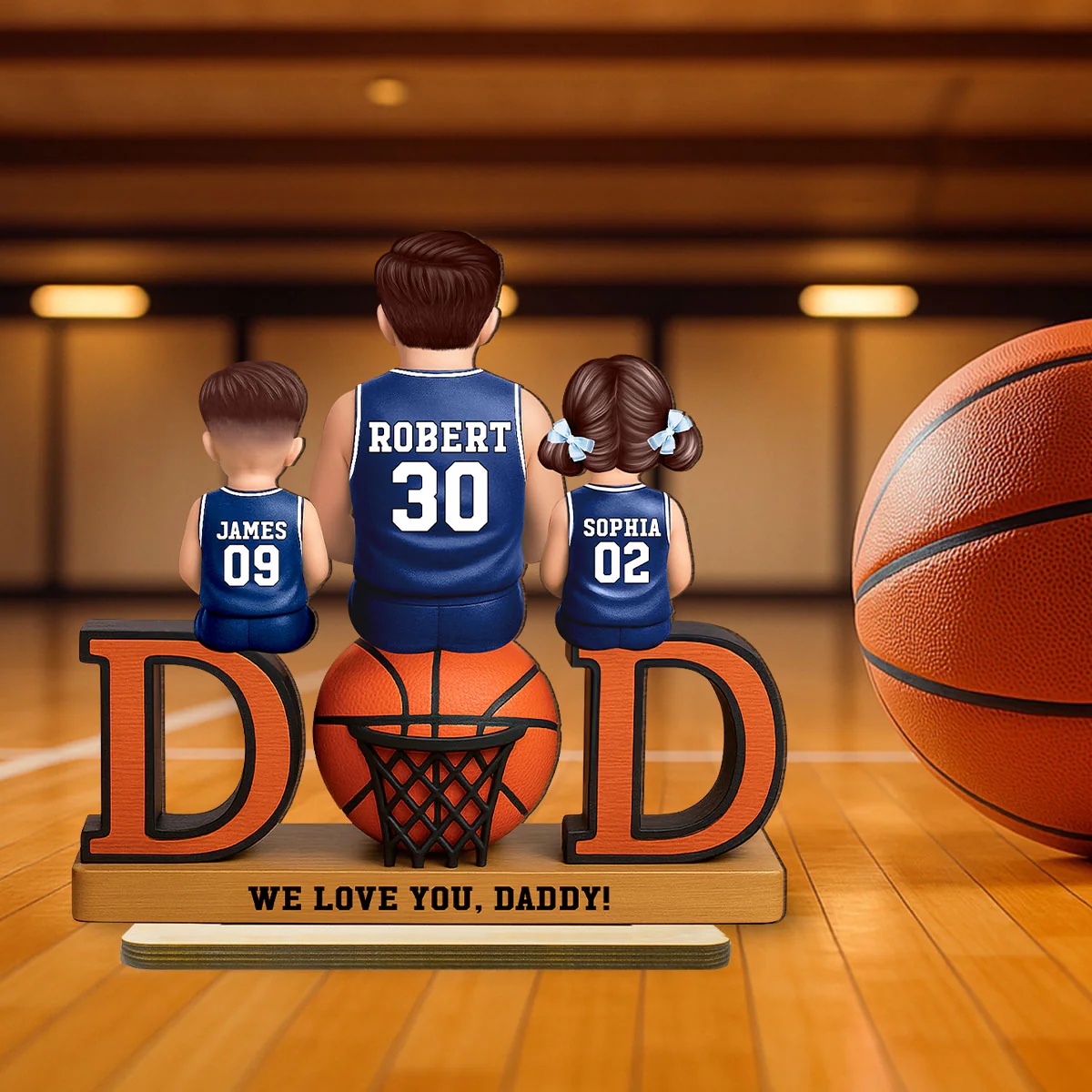 Basketball Dad And Kids Sitting Personalized 2-Layer Standing Wooden Plaque, Gift for Dads - Image 4