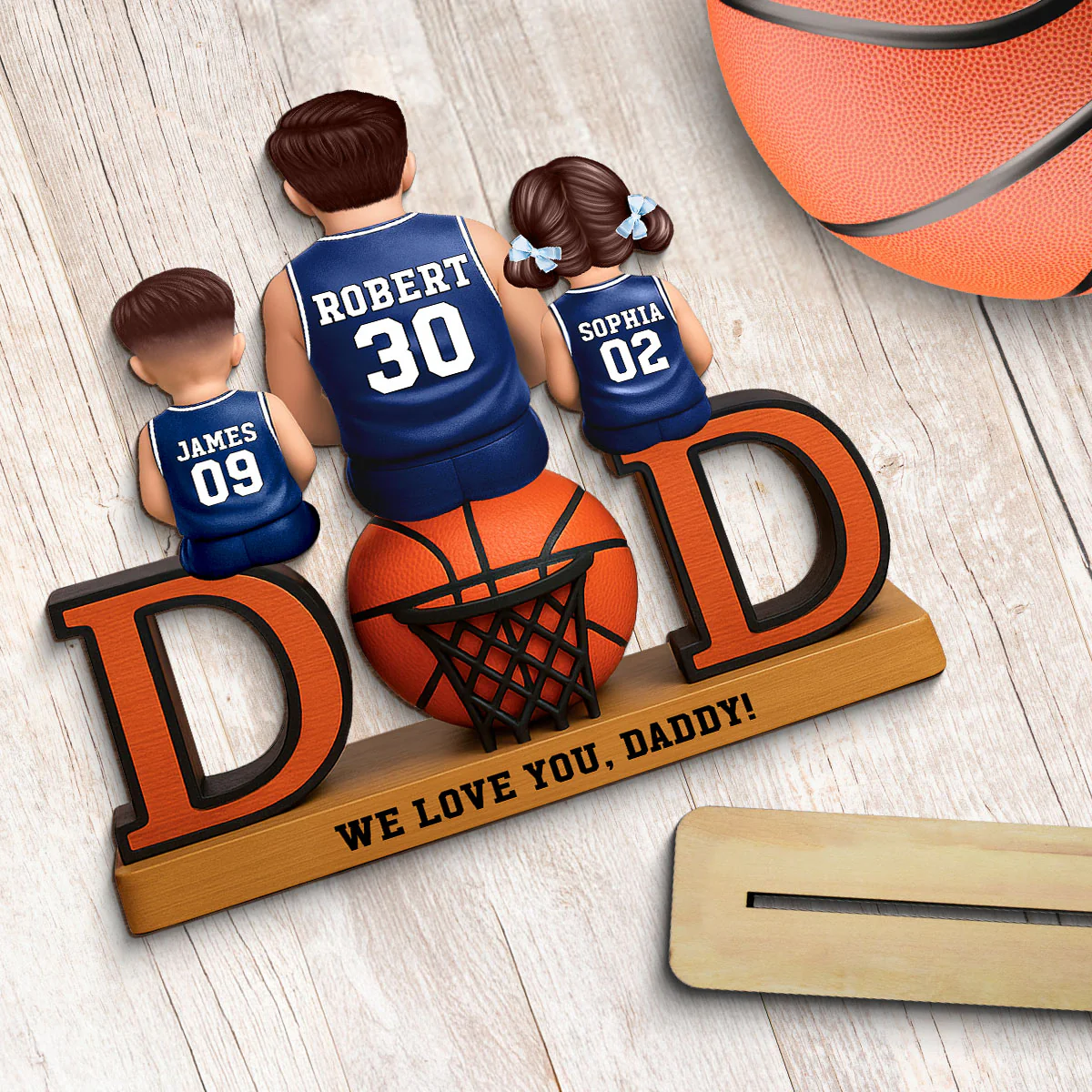 Basketball Dad And Kids Sitting Personalized 2-Layer Standing Wooden Plaque, Gift for Dads - Image 5