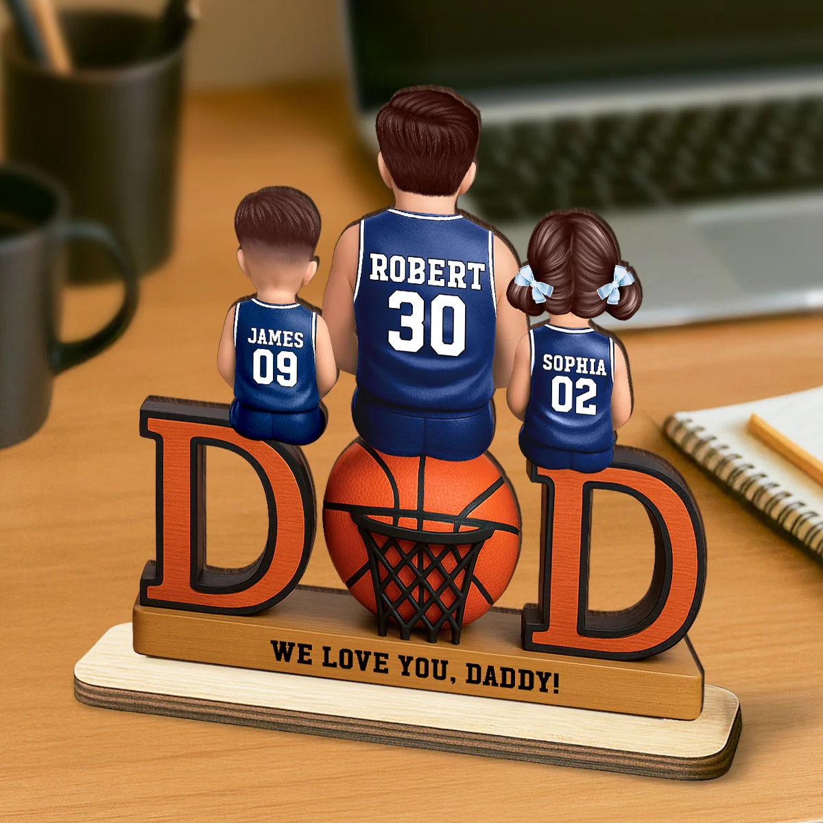 Basketball Dad And Kids Sitting Personalized 2-Layer Standing Wooden Plaque, Gift for Dads - Image 6