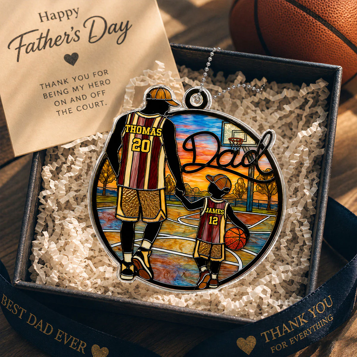 Basketball Dad & Kids 2D Flat - Personalized Acrylic Car Ornament - Father's Day Gift For Basketball Dad - Image 2