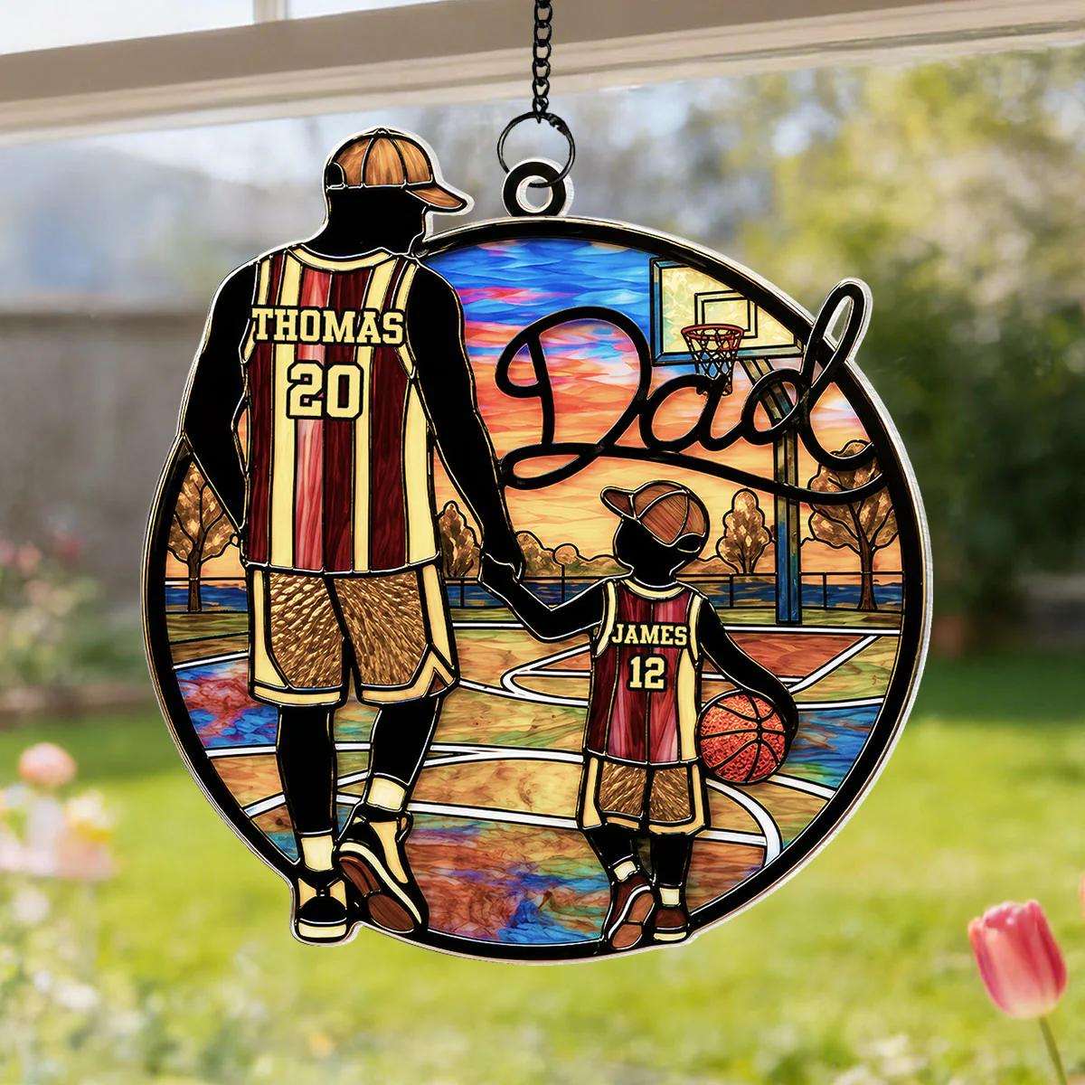 Basketball Dad & Kids 2D Flat - Personalized Suncatcher Ornament - Father's Day Gift For Basketball Dad