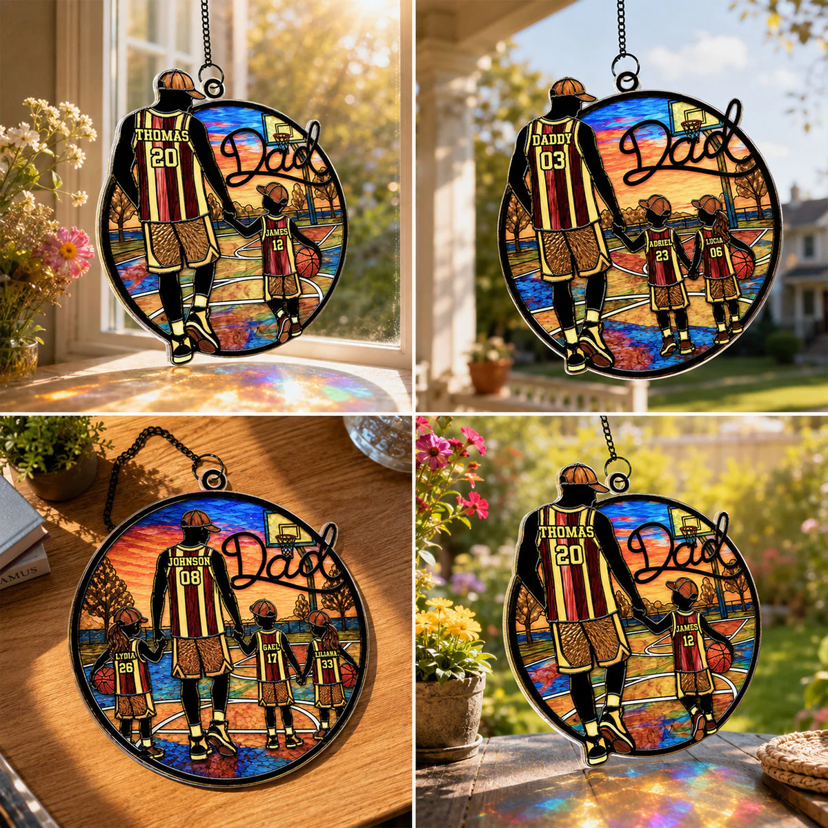 Basketball Dad & Kids 2D Flat - Personalized Suncatcher Ornament - Father's Day Gift For Basketball Dad - Image 6