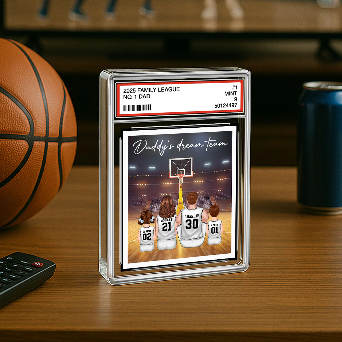 Basketball Daddy's Dream Team No. 1 Dad Man & Kids Sitting Trading Card Style - Personalized Acrylic Block Plaque - Image 3