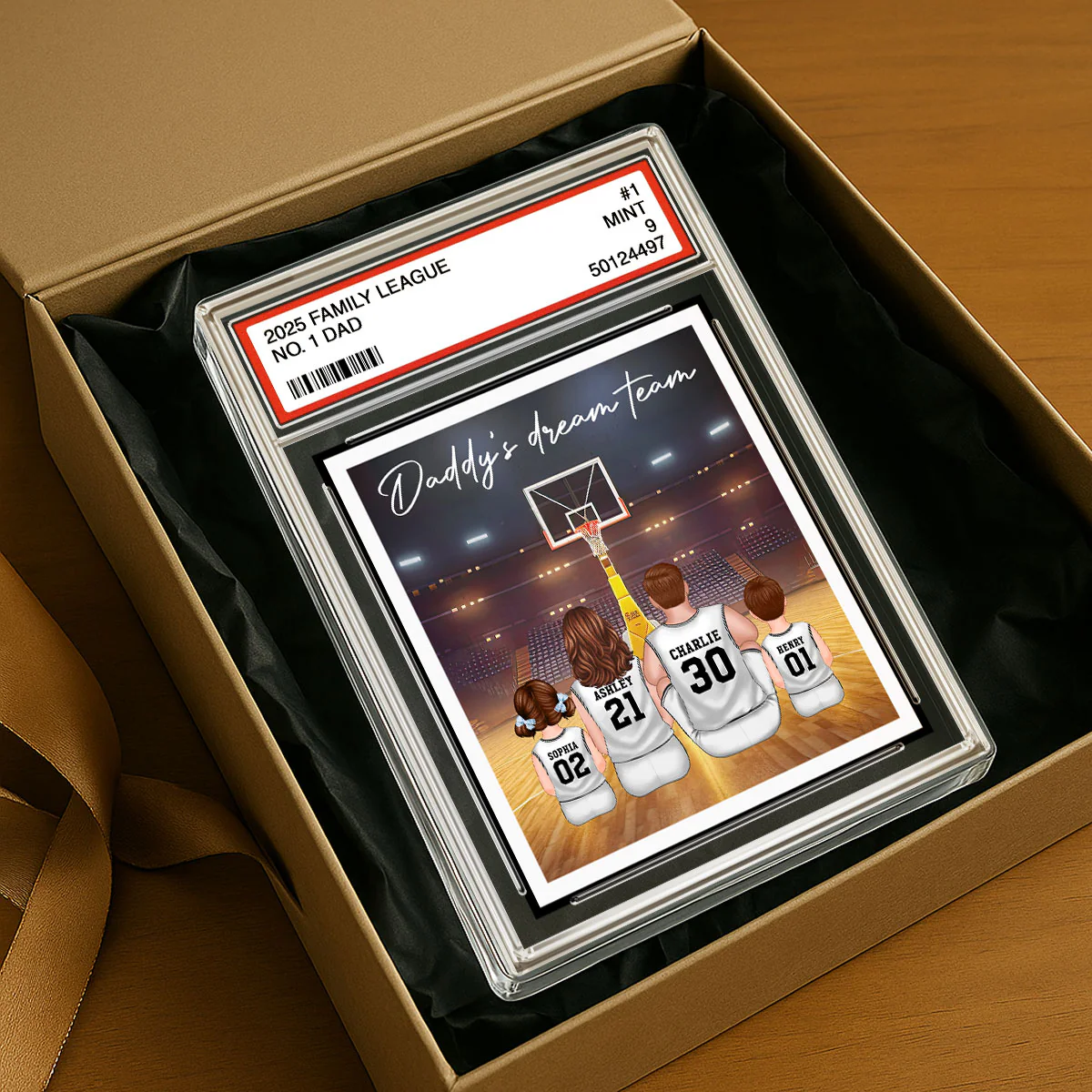 Basketball Daddy's Dream Team No. 1 Dad Man & Kids Sitting Trading Card Style - Personalized Acrylic Block Plaque - Image 4